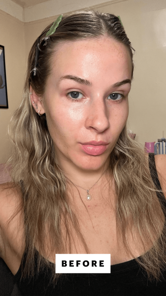 Allure Beauty Box content manager Hannah Brower before applying the Giorgio Armani Luminous Silk Foundation